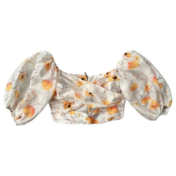 Avantlook Women's Floral Puff Sleeve Crop Blouse White Medium Cottagecore - Picture 1 of 8